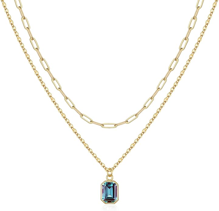 Layered Birthstone Necklace for Women Girls, 14K Gold-Plated Paperclip Chain Choker Necklace with Rectangle Birthstone Pendant Birthday Gifts for Women Girls Dainty Small