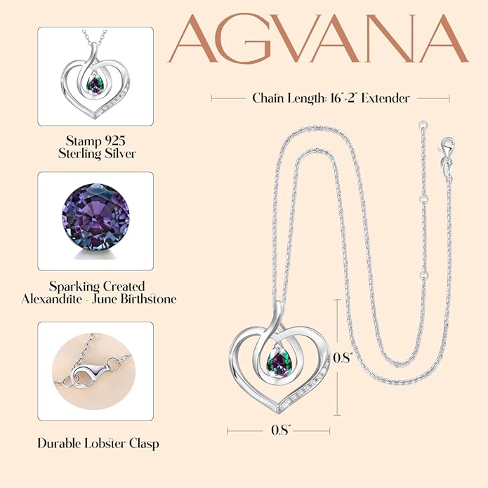 AGVANA Valentines Day Gifts Heart Birthstone Necklace for Women Sterling Silver Genuine or Created Gemstone Forever Love Pendant Necklace Fine Jewelry Anniversary Birthday Gifts for Women Mom Wife