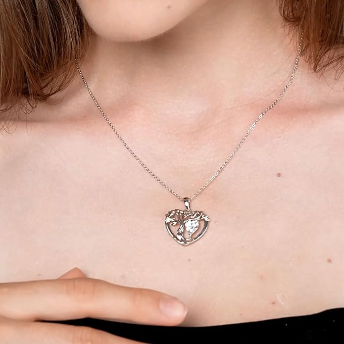 Tree of Life Necklaces for Women 925 Sterling Silver Heart Pendant Birthstone Necklace Created Gemstone Jewelry for Her, 18"+2"