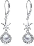 VONALA Silver/Gold Seashell Pearl Dangle Earrings 925 Sterling Silver Beach Drop Dangle Earrings Starfish Leverback Earrings Ocean Jewelry Gifts for Women
