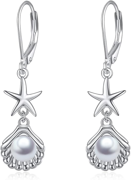 VONALA Silver/Gold Seashell Pearl Dangle Earrings 925 Sterling Silver Beach Drop Dangle Earrings Starfish Leverback Earrings Ocean Jewelry Gifts for Women