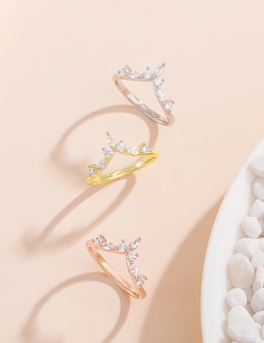 Mameloly Wedding Bands for Women Marquise & Round Shaped Stackable Cubic Zirconia CZ V Shape Curved Engagement Rings for Her Size 3-12