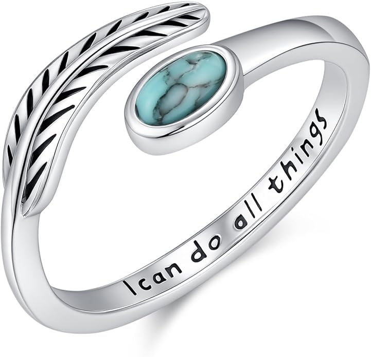 Turquoise/Moss Agate/Moonstone/Black Onyx/Lapis Lazuli/Labradorite/Tiger Eye Feather Ring 925 Sterling Silver Adjustable Ring Western Thumb Rings Vintage Jewelry Gifts for Women