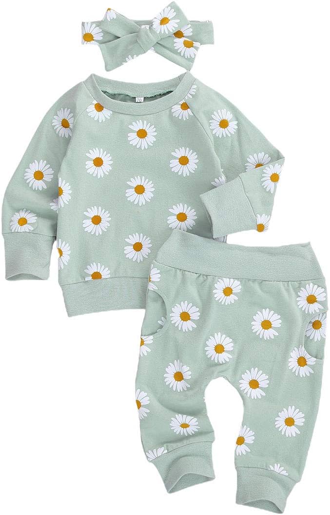 3Pcs Baby Girl Outfits Daisy Sweatshirt + Pants + Headband Infant Fall Winter Clothes