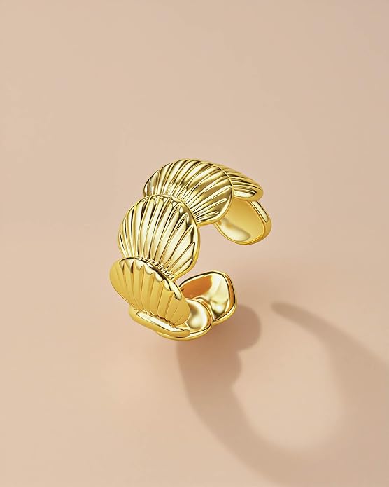 Gold Large Chunky Dainty Shell FULLY ADJUSTABLE Open Ring for Women by SNGIA, Summer Beach Handmade Adjustable Seashell Ring, Minimalist Stackable Ocean Themed Wedding Date Birthday Gift, Bold Exaggerated Irregular Wavy Trendy Ribbed Jewelry, Textured ...