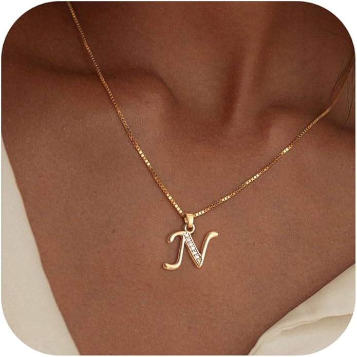 Initial Necklace for Women, 14K Gold Plated Box Chain Letter Pendant, Trendy Name Necklace, Dainty Personalized Jewelry Valentines Day Gift for Her