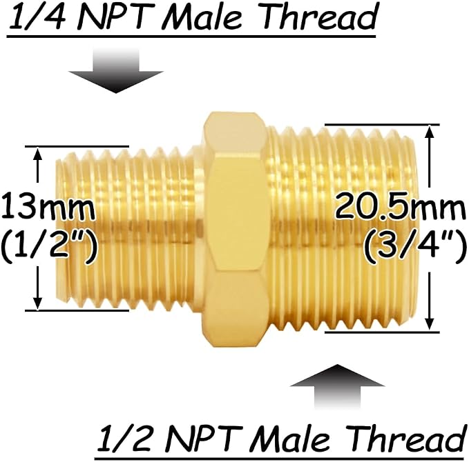 Uenede Brass 1/4" NPT Male to 1/2" NPT Male Reducer Adapter - Image 2