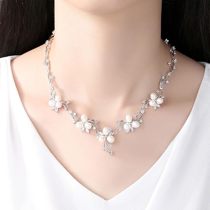 14K Gold & Freshwater Pearl Jewelry Set, Natural Crystal Necklace & Pearl Dangle Earrings, Luxury Bridal/Wedding Fashion Accessory