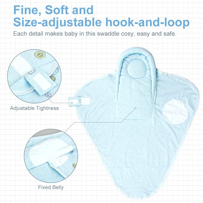 Premium Soft Cotton Baby Swaddle Blankets, Unisex Baby Blanket Wrap for Newborn Baby Boys Girls, Skin Friendly Wearable Swaddling Sleep Sack Calms Startle Reflex (Button, Blue, 0-3 Months)