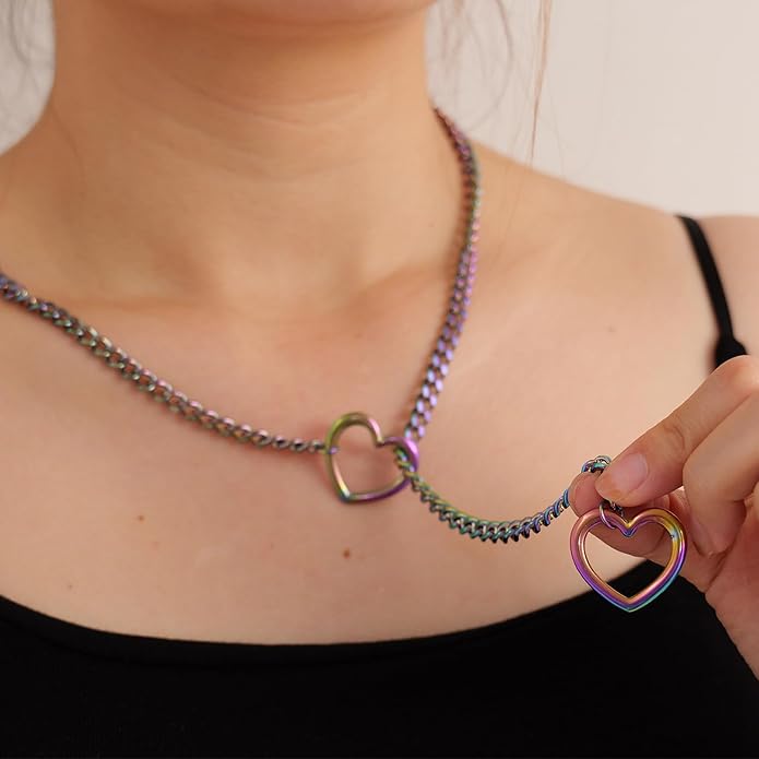 Heart Slip Chain Necklaces for Women,Stainless Steel O-Ring Adjustable Lariat Y-Necklace,Punk Gothic Cuban Collar Choker Necklace for women