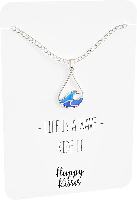 Happy Kisses Silver Wave Necklace - Beach Jewelry for Surfers and Sea Lovers - Motivational Drop Shape Pendant with Gift Message Card