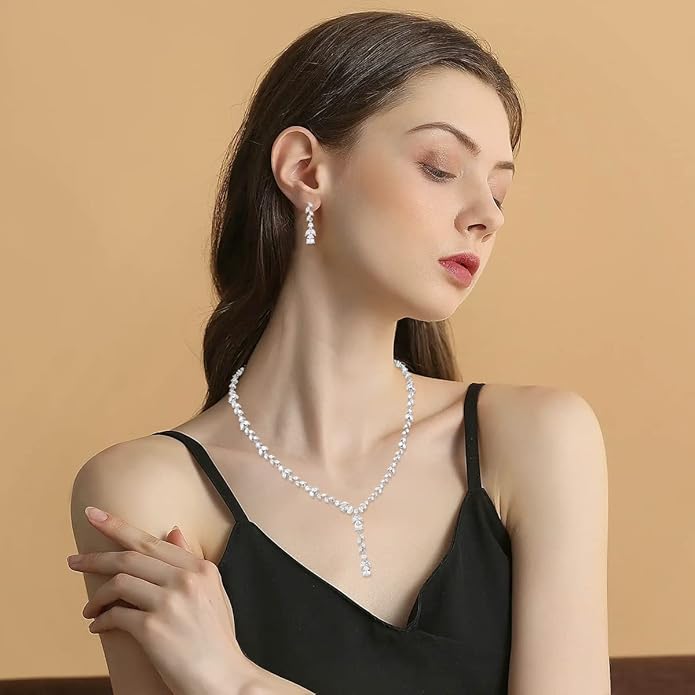 Bridal Wedding Jewelry CZ Set Marquise Teardrop Cubic Zirconia Pendant Necklace and Dangle Earring Bracelet Sets for Women