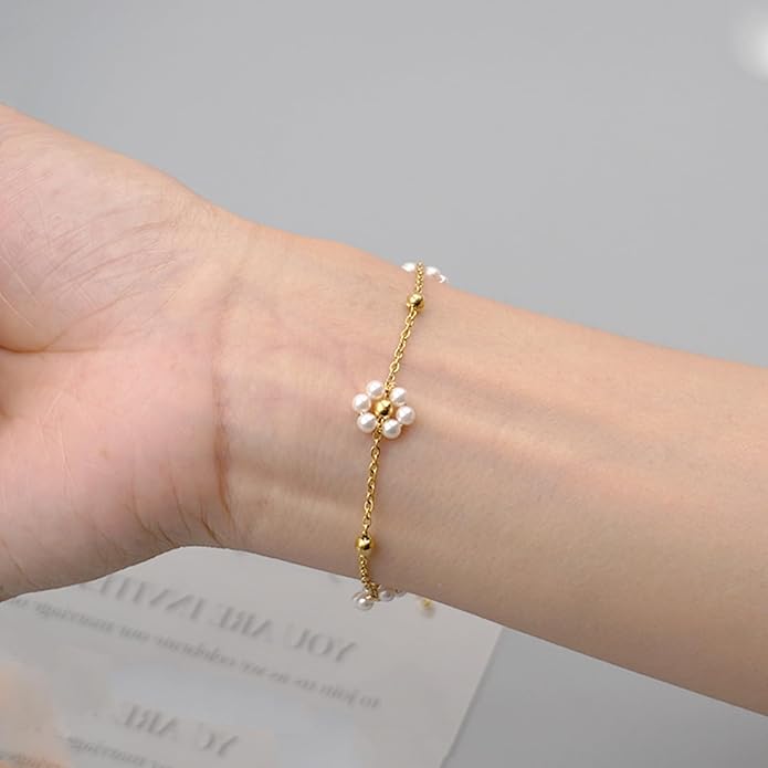 Zeffy Gold Pearl Beaded Bracelet for Women, 14K Gold Plated Jewelry Set With Paperclip Link Chain, Trendy Stack Bracelets