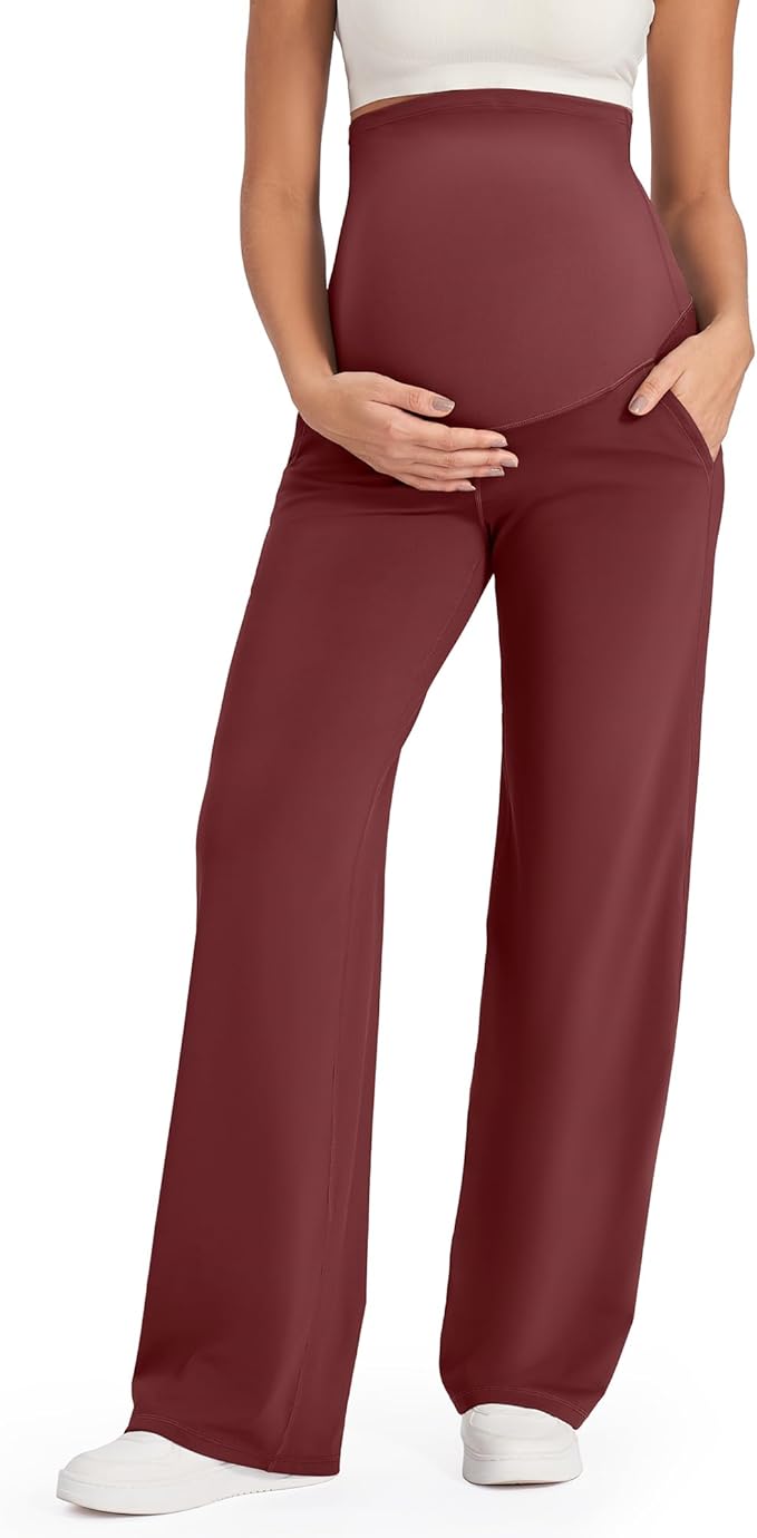 G4Free Maternity Pants Over The Belly Yoga Dress Work Pregnancy Pants Stretchy Lounge Wide Leg Trousers with Pockets