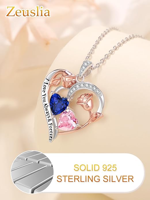 Valentine's Day Gifts for Wife 925 Sterling Silver Double Birthstone Pendant Necklaces I Love You for Always and Forever Necklace Anniversary Birthday Gifts for Wife Girlfriend Mom Her