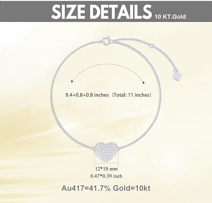 SISGEM 10k Gold Created Moissanite Heart Anklets for Women, love Ankle Bracelet Gifts for Her, 9.4-11.0 Inches