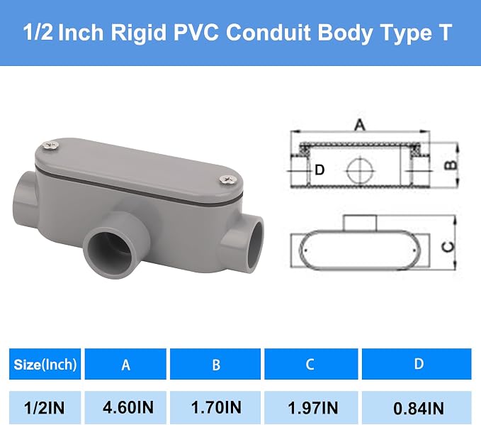 4Pack 1/2 Inch Rigid PVC Conduit Body Type T 0.50IN PVC Conduit Bodies T Type - Image 2