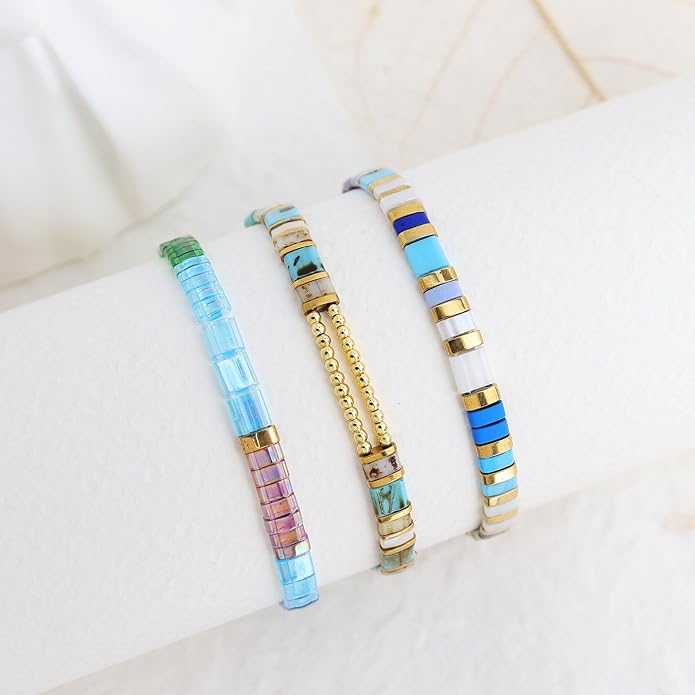 Sonateomber Tila Flat Beaded Stretch Bracelets for Women, Trendy Unique Colorful Square Beads Handmade Stack Bracelet Friendship Accessories Fashion Jewelry Gift