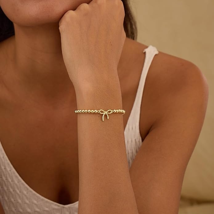 Valentines Day Gifts for Women Her - Beaded Stretch Handmade Ball Bracelets Cute Charm Bracelet Dainty Stackable Cross Heart Bow Wave CZ Jewelry Gifts Trendy Stuff