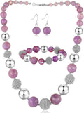 PEARL&CLUB Beaded Chunky Statement Necklace Earring and Bracelet Set Silver Metal Bead Fashion Jewelry Set Mothers’ Day Gifts for Women