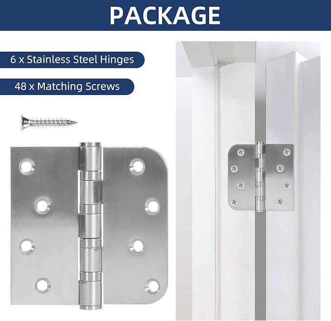 6 Pack Ball Bearing Door Hinges, 4 Inch x 4 Inch Heavy Duty Stainless Steel - Image 2