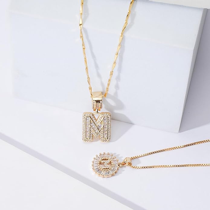 Letter Necklace 14k Gold Plated Bling Dainty Necklaces Trendy Chunky Custom Name Necklace Personalized Round Circle Pendant Zirconia Letters Name Crystal Jewelry Gifts for Women