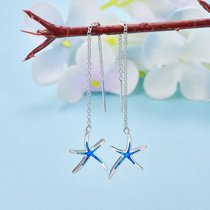 925 Sterling Silver Starfish Earrings With Opal Fish Hoops, Nautical Hawaiian Sea Beach Jewelry for Women and Starfish Lovers