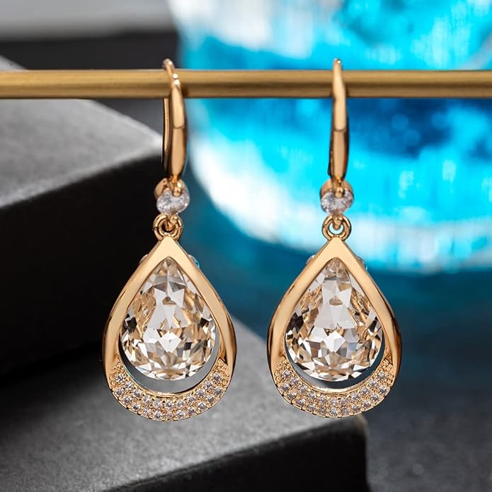 Austrian Crystal Halo Teardrop Hollow Drop Dangle Earrings for Women 14K Rose Gold Plated Hypoallergenic Jewelry Gifts