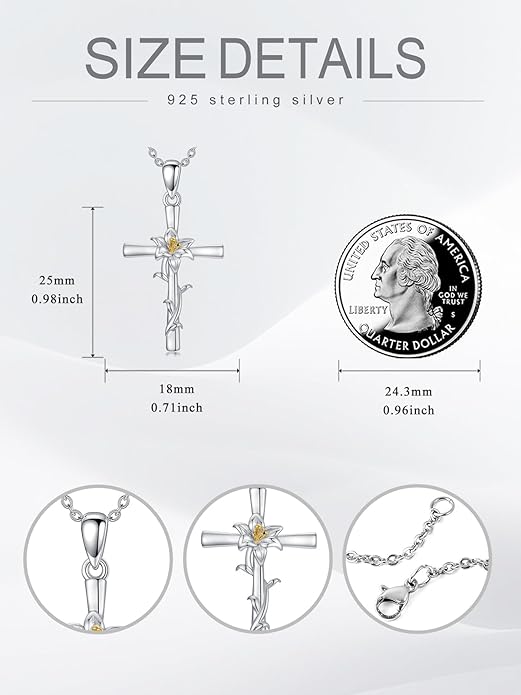 Flower Necklace Sunflower/Violet/Daffodil Necklace Sterling Silver Flower Cross Pendant Jewelry Gifts for Women