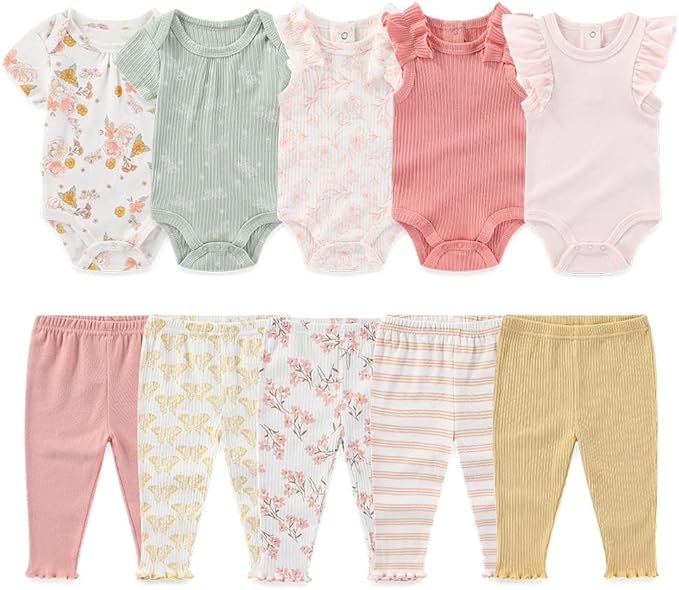 Kiddiezoom Newborn Baby Layette Set 10-Piece with Bodysuits and Pants Set for Unisex Baby Gift Sets