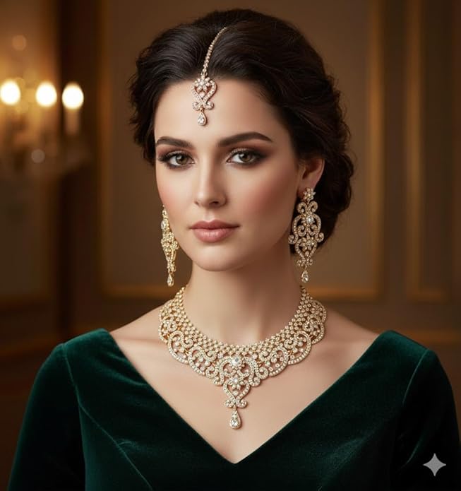 Touchstone Indian jewelry set for women bollywood gold jewellery wedding outfits necklace sets earrings bridal maang tikka fancy costume girls big desi accessories rhinestone in gold or silver tone