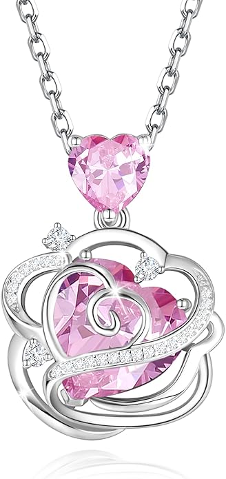 FANCIME Thornless Pulse Heart Birthstone Necklace for Women Sterling Silver Rose Pendant Fine Jewelry Gemstone Birthday Valentines Day Gifts for Wife Her
