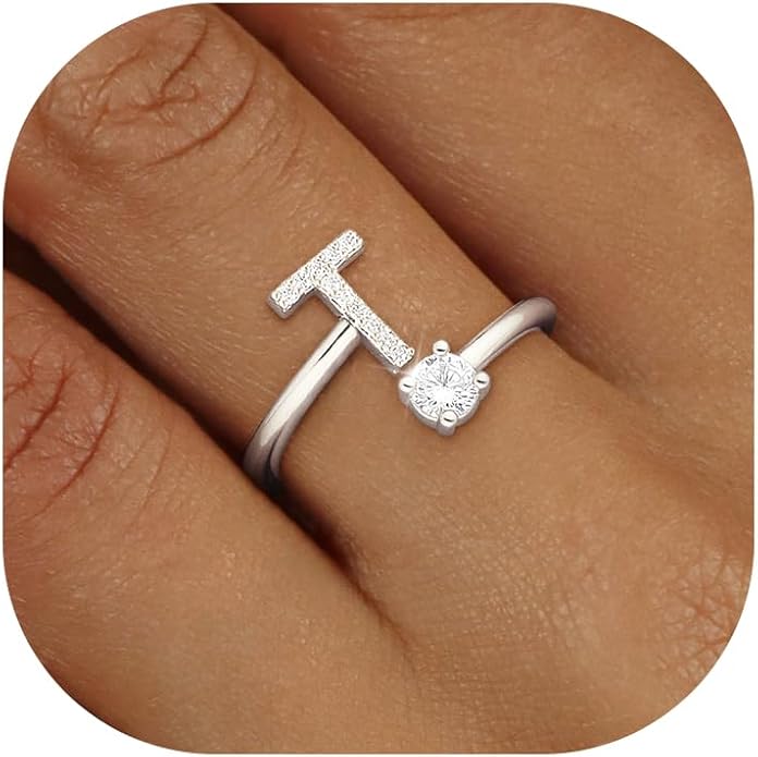 Valentines Day Gifts Gold Silver Initial Rings for Women Non Tarnish Dainty 14k Gold Plated Stackable Rings for Women Trendy Adjustable Letter Cubic Zirconia Pinky Ring Cute Open Birthday Gift Jewelry