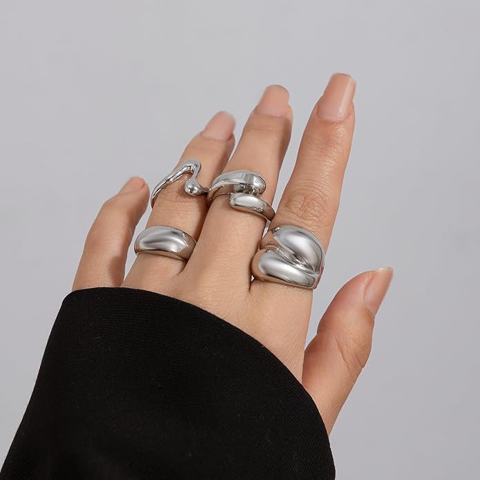 MIFYNN Chunky Gold Rings for Women Gold Silver Adjustable Thick Ring Fashion Statement Ring Open Dome Ring Chunky Silver Rings Geometric Curved Minimalist Simple Rings