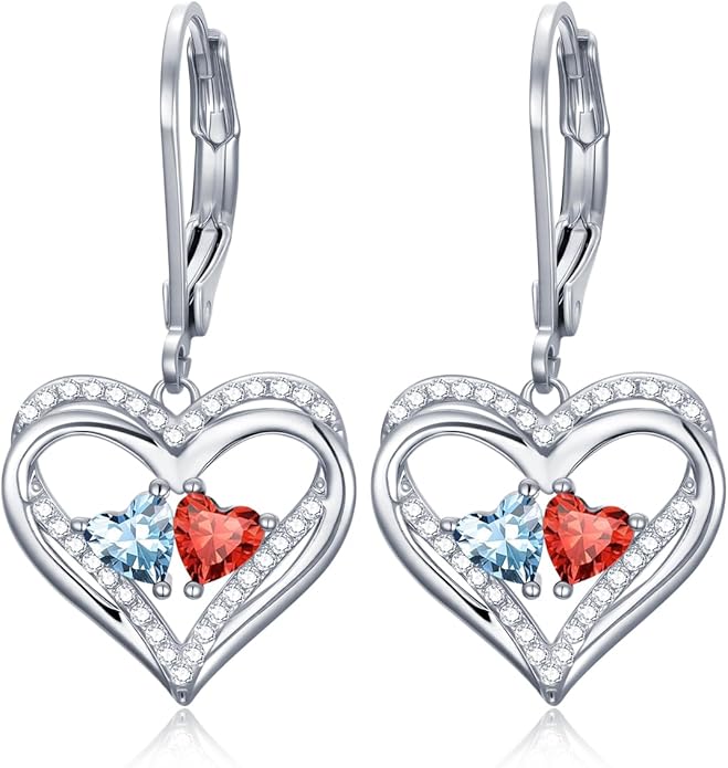 Valentines Day Gifts for Women, Heart Leverback Earrings Double Birthstone Dangle Earrings for Women, Love Jewelry for Her, Anniversary Birthday Gift for Mom Wife Girlfriend