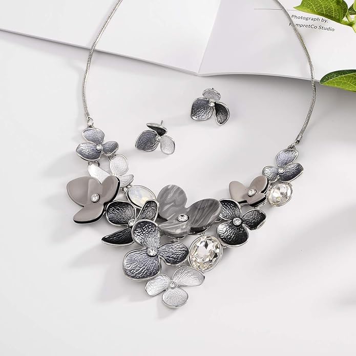 AMYJANE Vintage Statement Jewelry Set - Spring Leaf Flower Floral Plant Necklace Earring Set Crystal Rhinestone Fashion Costume Jewelry for Women Prom Party Unique Gift