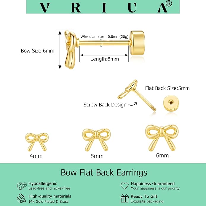 VRIUA 20G Tiny Flat Back Earrings for Women - 14K Gold/Silver Plated Small Flat Back Stud Earrings Hypoallergenic Cartilage Helix Piercing Jewelry