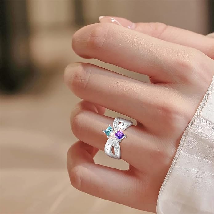 Personalized Heart Birthstone Rings for Women with 2 Birthstones Custom Name Rings for Couple Mother Daughter Jewelry Gift for Mother Her Christmas