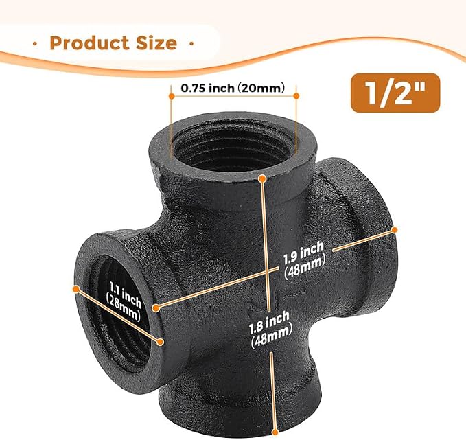 1/2" Black Pipe Fittings 4-Way Cross Fitting Home Expert 4 Pack | Malleable - Image 3