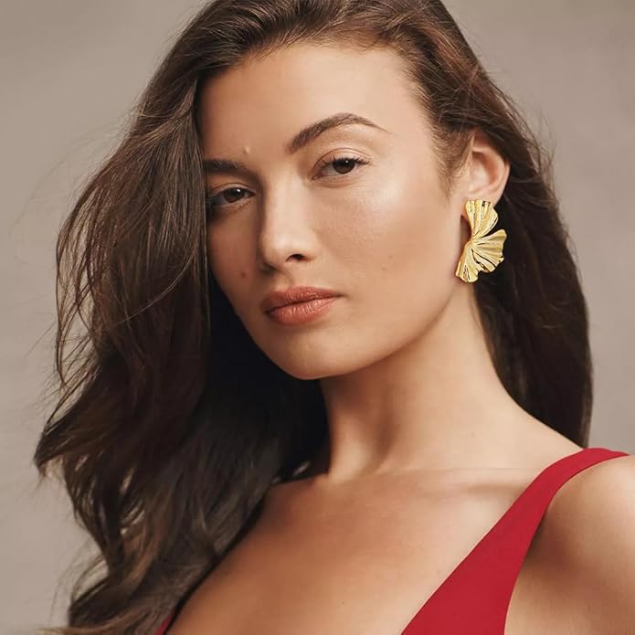 Chunky Gold Statement Earrings For Women Gold Plated Sectored Flower Leaf Shell Angel Wing Earrings Trendy Boho Jewelry For Women Large Stud Earrings Hypoallergenic Earrings