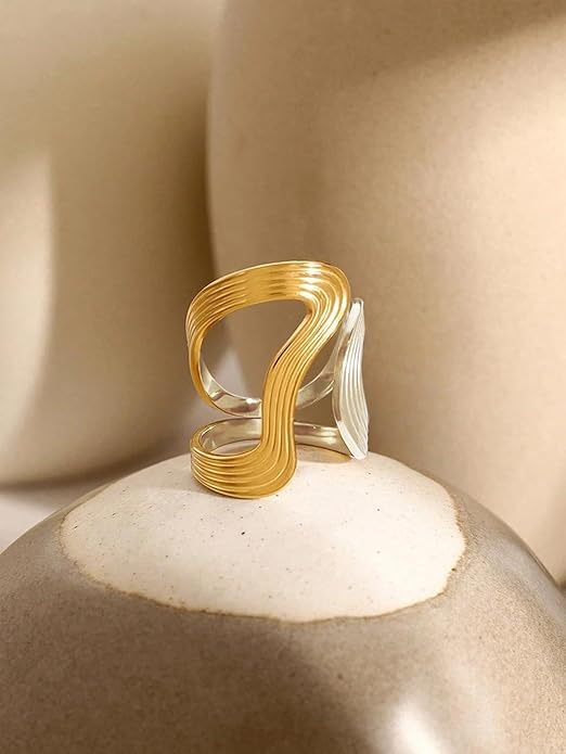 Chunky Rings For Women, Gold Silver Thumb Ring Asymmetrical Wavy Curve Ring Adjustable Non Tarnish Dainty Stainless Steel New Year Anniversary Birthday Jewelry Gift