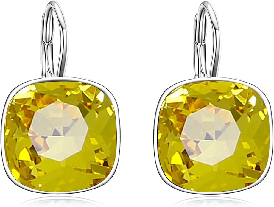 AOBOCO Sterling Silver Leverback Earrings Embellished with Crystals from Austria, Hypoallergenic Cushion Cut Square Crystal Earrings, Fine Anniversary Birthday Jewelry Gifts for Women