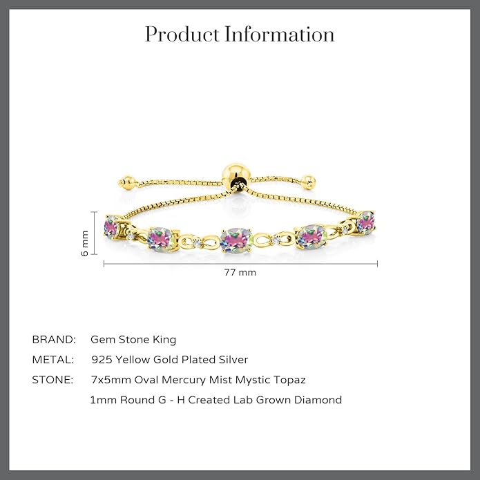 Gem Stone King 7X5MM Oval Cut Gemstone Birthstone and Accent Lab Grown Diamond Tennis Bracelet For Women In 18K Yellow Gold Plated Silver | Adjustable Bolo Bracelet For Women | Easy-On Easy-Off