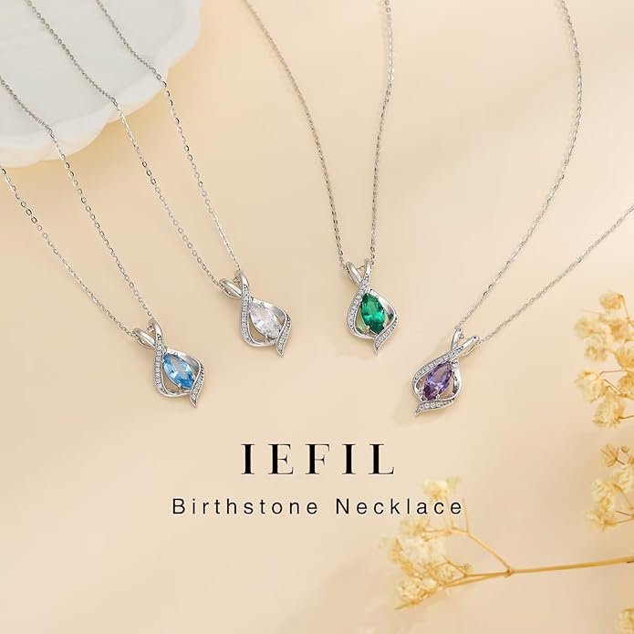 Iefil Valentines Day Gifts for Her, 925 Sterling Silver Marquise Birthstone Necklace Birthday Gifts Dainty Necklaces Birthstone Jewelry for Wife Daughter, 19"+2" Inches