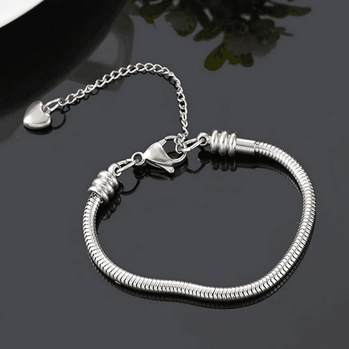TGLS Women European 3mm Snake Chain Charm Bracelet Stainless Steel Bracelet Fits Standard Charms Bead