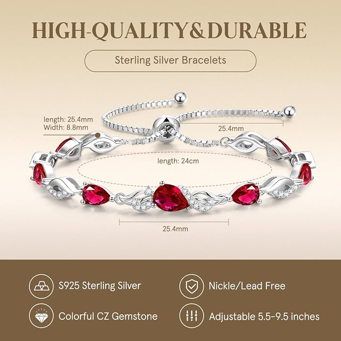FANCIME Birthstone Teardrop Tennis Bracelet for Women, Sterling Silver 9x7mm main Gemstone Bolo Adjustable Chain Bracelet Fine Jewelry Birthday Gifts for Women Mom Wife Her