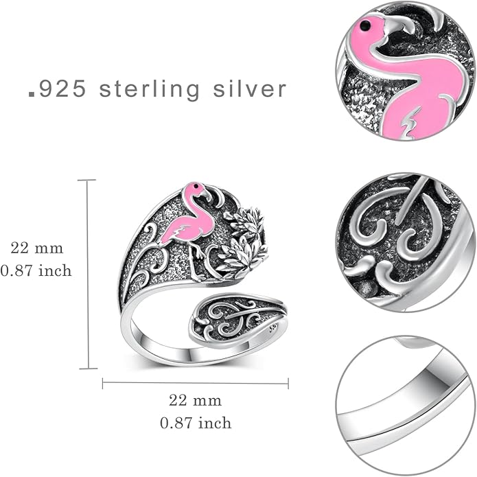 Spoon Rings for Women 925 Sterling Silver Hummingbird/Butterfly/Bee/Red Cardinal/Pink Flamingo Adjustable Thumb Rings Vintage Boho Antique Jewelry Gifts