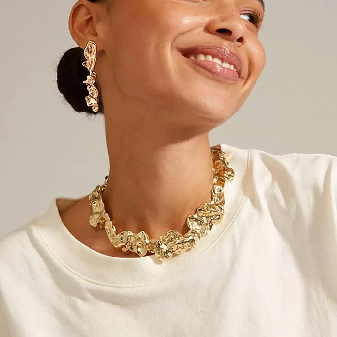 3 Pcs Metal Big Open Choker Necklace Bracelet Earrings for Women Adjustable Gold Baroque Pearl Choker Necklaces Round Necklace Suitable for Party ummer Beach Bead Body Chain Jewelry