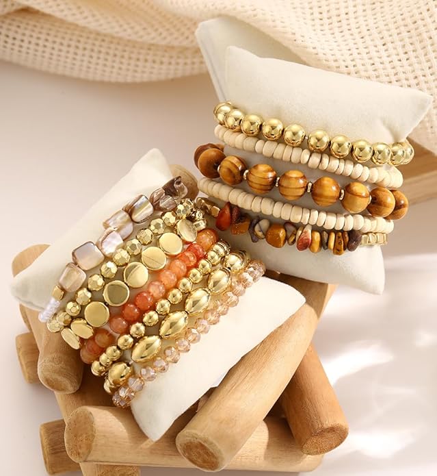 iF YOU 12 Pcs Boho Beaded Bracelets for Women, Brown Orange Bohemian Stackable Gold Bead Stretch Bracelets Stack Jewelry Gift