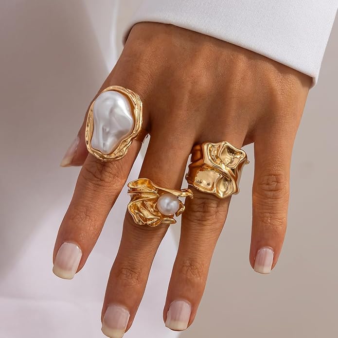 CJIAYUJEW Chunky Gold Flower Rings Pearl Stacking Statement Rings for Women Silver Chunky Knuckle Ring Set Adjustable Pearl Finger Ring Sets